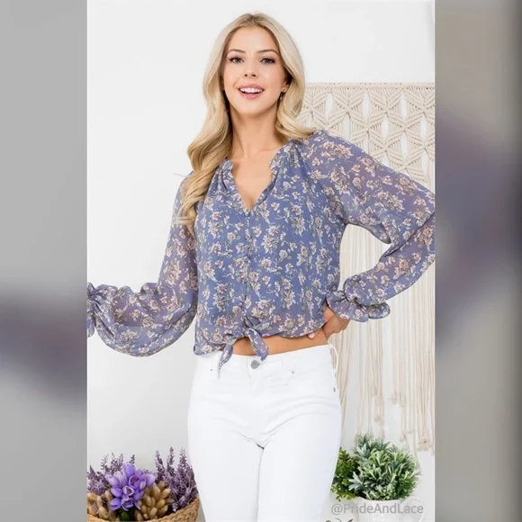 LAST 2️⃣ BLUE FLORAL PRINT THROUGHOUT V-NECK BUTTON-DOWN LONG SLEEVE TOP - Picture 4 of 6